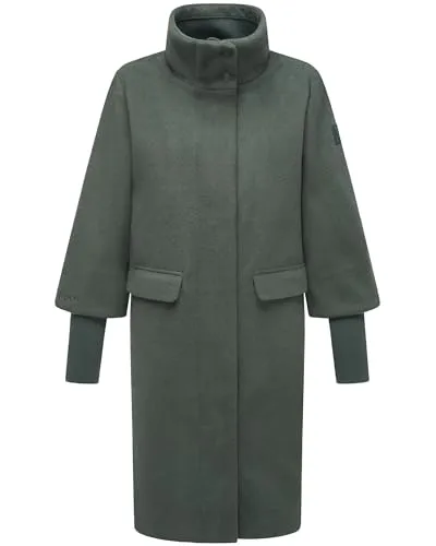 Navahoo Damen Übergangsmantel Woll-Optik mit Rippstrick-Ärmeln - Stone Green Gr. M - Eleganter Damenmantel im puristischen Design, ausgestattet mit voluminösen Ärmeln und elastischen Rippstrickbündchen. Ideal für stilvolle Outfits in der Übergangszeit.
