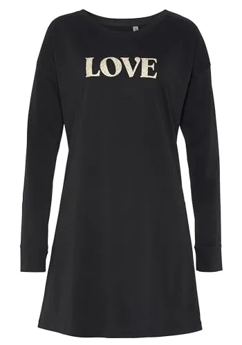 Lascana Damen Nachthemd kurzes Sleepshirt mit goßem Frontprint, mit Rundhalsausschnitt, überschnittenen Schultern und Langen Ärmeln, hautfreundlich und atmungsaktiv