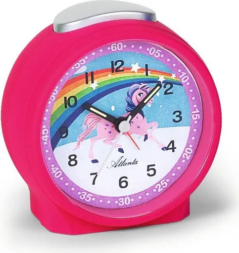 Atlanta Kinderwecker Einhorn Pink Rosa - 1981-17 - Wecker für Kinder mit lustigem Einhorn-Design, gut ablesbarem Zifferblatt und Schlummertaste, ideal zum Erlernen der Uhrzeit.