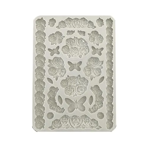 Stamperia Modellierwerkzeug Shabby Rose - Roses & Butterfly, A5 - Entdecke die vielseitige Silikon Gießform im DIN A5 Format mit 26 romantischen Motiven. Ideal für Gießharz, Beton oder Kreativgießmasse – für kreative Projekte das ganze Jahr über!