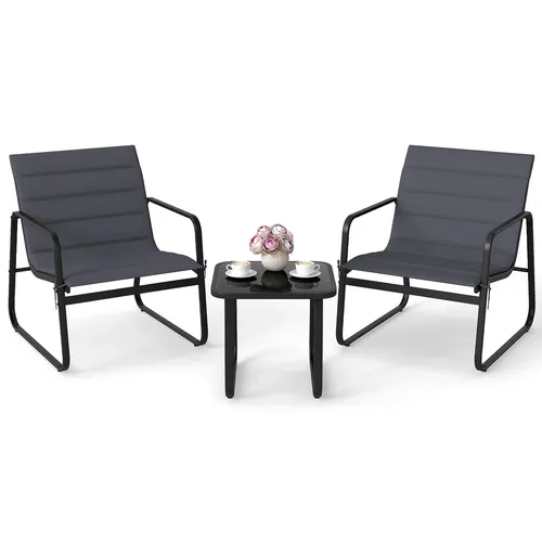 COSTWAY 3-teiliges Gartenmöbel Set mit gepolsterten Stühlen und Tisch - Modernes Balkonmöbel-Set mit ergonomischen, atmungsaktiven Stühlen und abnehmbaren Kissen für optimalen Komfort. Stabiler Metallrahmen und eleganter Beistelltisch mit gehärteter Glasplatte.