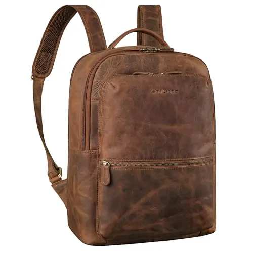 STILORD 'Tomke' Leder Rucksack mit Laptopfach für Herren und Damen Business- und Arbeitsrucksack 15,6 Zoll, Backpacker-Option, Farbe: Mittelbraun