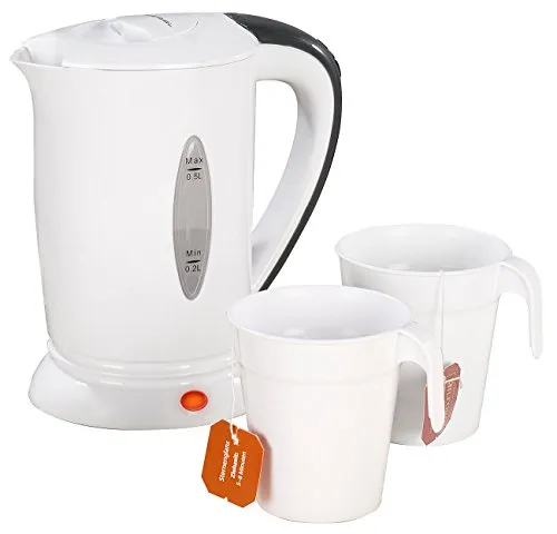 PEARL Reisewasserkocher: Reise-Wasserkocher mit 2 Bechern, 110/230 Volt, 650 Watt, 500 ml (Reisewasserkocher klein, Mini Wasserkocher, Kleiner unterwegs)
