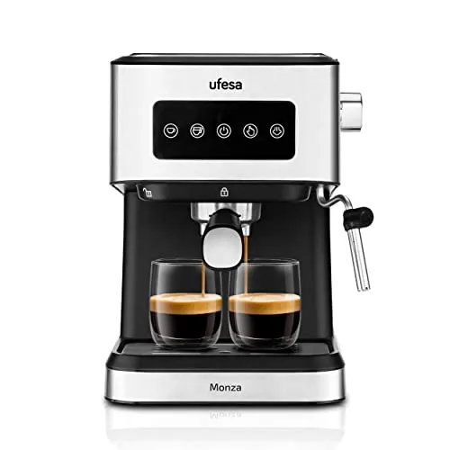 Ufesa Monza Espresso and Cappuccino Coffee Machine with 20 Bar Pressure, Digital Touch Panel, Swivel Steam Nozzle, for Ground Coffee or E.S.E. Pads, Cup Warmer Function, 1050 W, 1.5 L Water Tank