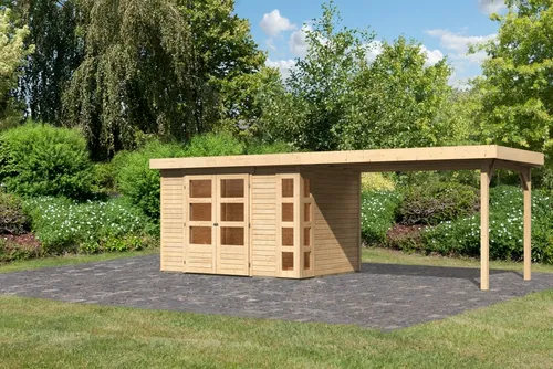 Karibu Gartenhaus Kerko 4 mit Anbaudach 2,80 m – Naturbelassen - Helles Gartenhaus Kerko 4 aus nordischer Fichte mit moderner Fensterecke für viel Tageslicht. Einfacher Aufbau dank Steck- und Schraubsystem. Ideal für Werkstatt oder Geräteschuppen, optional mit Anbaudach für mehr Stauraum.