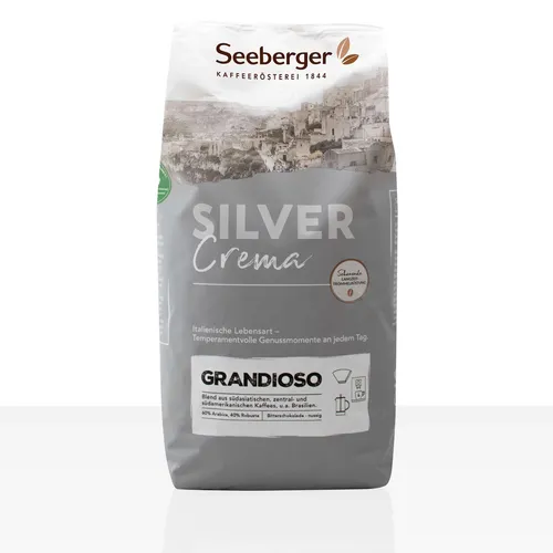 Seeberger Kaffee Silver Crema Grandioso 1kg - Ganze Bohne - Hochwertige Kaffeebohnen für ein vollmundiges Aroma, ideal für Kaffeeliebhaber in der Lebensmittelabteilung.