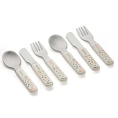 MiaMia Kinder und Baby Besteck Set - sicheres, geprüftes und lebensmittelechts Babybesteck aus Edelstahl mit handlichen Griffen - Creme Weiß (ab 18 Monate (6 Teile))