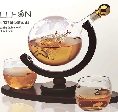 Godinger Shannon Galleon Whiskey Karaffe Display, W 2 Globe Becher, Ständer Neu