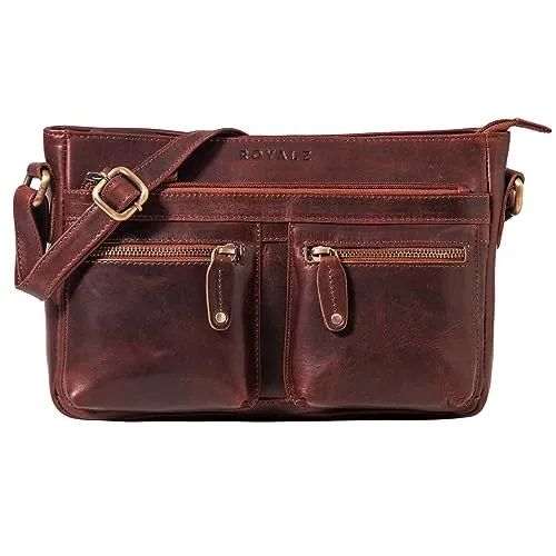 ROYALZ 'Dakota' Vintage Schultertasche Damen Leder kleine Umhängetasche Crossbody Bag - Umhänge Ledertasche Handtasche Damentasche Echt-Leder Elegant, Farbe:Roma Cognac Braun