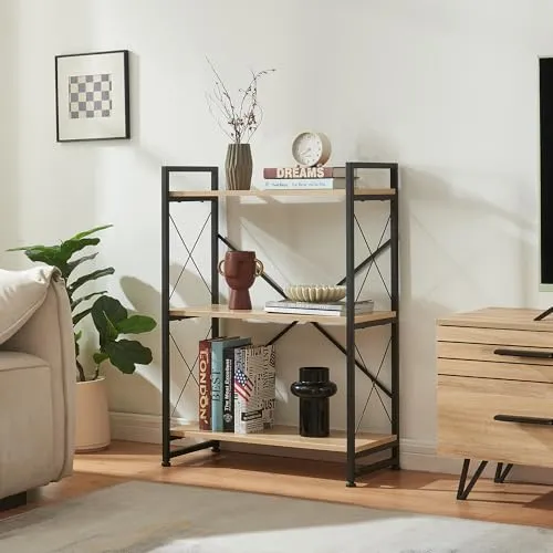 [en.casa] Standregal Skørping Bücherregal mit 3 offenen Ablagen 90 x 65 x 30 cm Metallgestell für Wohnzimmer Schlafzimmer Regal stehend Schwarz/Eicheoptik