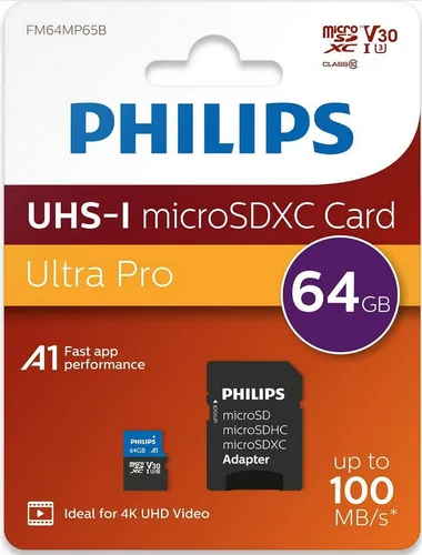Philips Micro SDXC Karte 64GB - Ultra Pro UHS-I U3 V30 A1 Class 10, hohe Geschwindigkeit für schnelle Datenübertragungen und zuverlässige Leistung