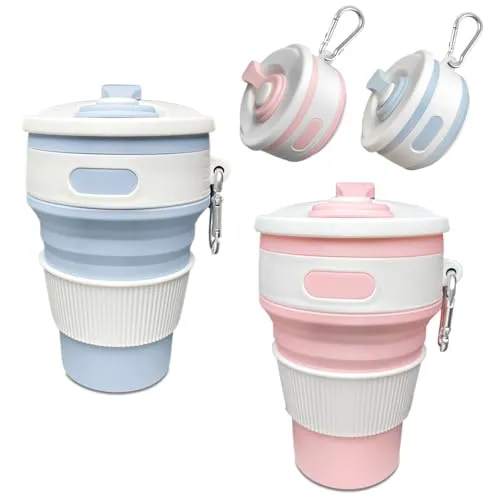 Golgner 2 Stück Faltbarer Kaffeebecher, Faltbare Silikon Becher, Faltbare Tasse Silikon, 350ml Faltbarer Becher mit Deckel Reisebecher,BPA-frei, für Picknick Camping Wandern Reisen(Rosa+Blau)