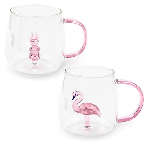 Blümelhuber 2er Set Flamingo Tasse und Hasen Tasse Glas Tassen - Tee Tasse Büro - Cappuccino Tassen - Kaffee Glas Tasse