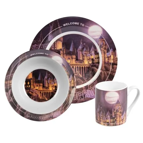 United Labels Harry Potter Frühstücksset Kinder - Kindergeschirrset mit Hogwarts Motiv, 3-teilig aus hochwertigem Porzellan, spülmaschinen- und mikrowellengeeignet – das perfekte Fan-Geschenk für kleine Harry Potter Liebhaber!