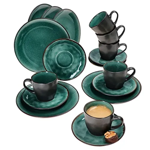 MamboCat Kaffeeservice 18tlg. Leros - Handgefertigte Eleganz in Blaugrün - Kaffeeservice, 18-teiliges Set aus handgefertigtem Steingut mit einzigartiger reactive glaze Optik, mikrowellen- und spülmaschinengeeignet, ideal für stilvolle Kaffeerunden.