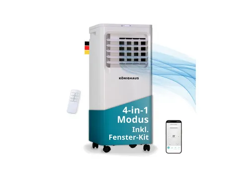 Könighaus 4-in-1-Klimagerät - Klimaanlage mit 7000 BTU, smart steuerbar und energieeffizient – ideal für Räume bis 25 m². Kühlung, Entfeuchtung, Ventilator und Luftreiniger in einem!
