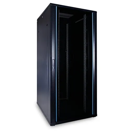 DSIT 37HE 19 Zoll Serverschrank mit Glastür - Robuster 37 HE Netzwerkschrank in Schwarz mit abschließbarer Glastür, ideal für optimalen Zugang zu Geräten und einfache Kabeldurchführungen.