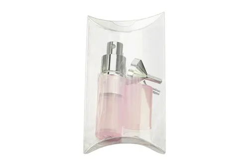 Taschenzerstäuber transparent rosa für 8 ml + Trichter chromfarben