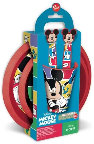 Disney Brei Set 5-teilig rot und blau Kunststoff Mickey Mouse Teller Glas Besteck