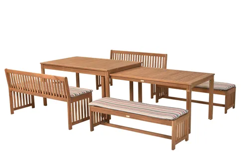 Merxx Set Hawaii: 2 Bänke mit Rückenlehne, 2 Bänke ohne Rückenlehne, 2 Tische aus Akazie - Gartenmöbel-Set für bis zu 12 Personen, flexibel aufstellbar und mit bunten Sitzkissen, gefertigt aus geöltem FSC ® Akazienholz für optimale Haltbarkeit.