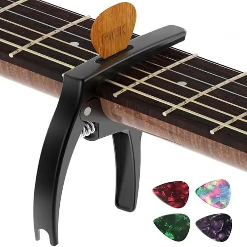 TANMUS 3-in-1 Kapodaster für Akustik- und E-Gitarren (mit Plektrumhalter und 4 Plektren), Ukulele, Gitarrenzubehör (Black)