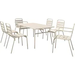Gartenmöbel-Set aus Metall für den Essbereich – Tisch mit einer Länge von 160 cm, 2 stapelbaren Sesseln und 4 stapelbaren Stühlen – Beige ... - Beige