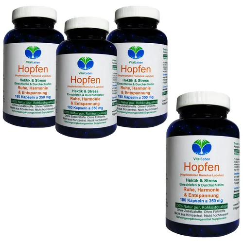 HOPFEN Hopfenblüten Kapseln 720 (4x180) - Entspannung Pur - HOPFEN Hopfenblüten Kapseln (720 Stück) ohne Zusatzstoffe, ideal zur Unterstützung der Entspannung. Genießen Sie die Vorteile der Natur für erholsame Nächte und mehr Ruhe im Alltag.
