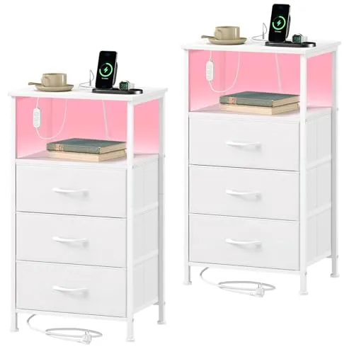 Somdot Nachttisch Schlafzimmer, Steckdose, 3 Schubladen, 2er-Set, Weiß