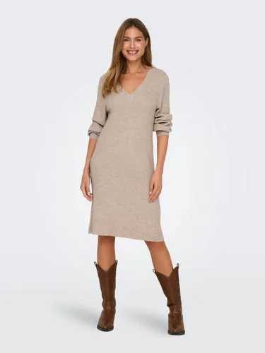 ONLY Damen ONLKATIA LS V-Neck Dress - Elegantes Freizeitkleid in Mocha Meringue - Freizeitkleid für Damen mit modischem V-Ausschnitt und trendigem Melange-Detail, ideal für lässige Anlässe.
