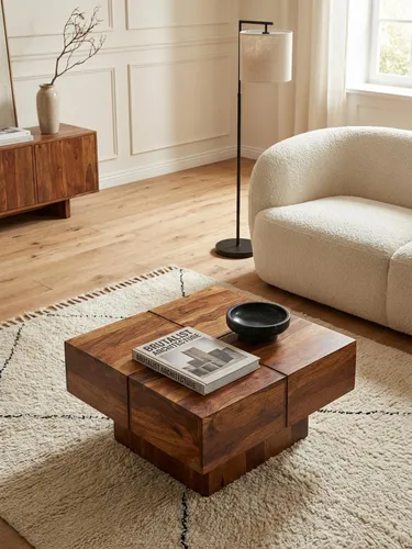 Massivholz Couchtisch 57,5x57,5 cm aus Sheesham - Moderner quadratischer Couchtisch aus handgefertigtem Sheesham Massivholz. Mit einzigartiger Maserung und stabiler Bauweise. Ideal für stilvolle Wohnzimmergestaltung.