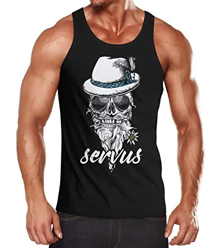 MoonWorks® Herren Tanktop Totenkopf Filzhut Bayern Skull Blume servus Fun-Shirt Schwarz L