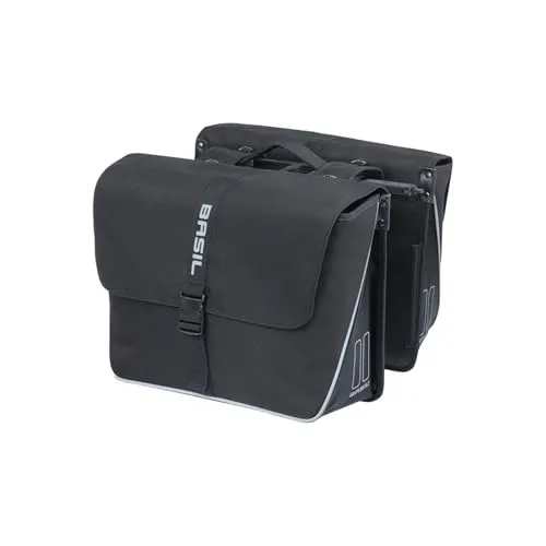 Basil Forte Doppeltasche 55 Liter schwarz - MIK System, wasserabweisend - Fahrradtasche mit 55 Litern Volumen, ideal für Einkäufe und längere Touren. Robuste, wasserabweisende Materialien und reflektierende Akzente sorgen für Sicherheit und Stabilität.
