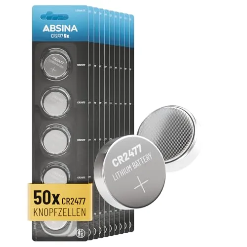 ABSINA 50X CR2477 3V Lithium Knopfzelle – Langlebige Batterien für vielseitige Anwendungen - Die ABSINA CR 2477 Knopfzelle bietet zuverlässige Leistung und eine Lagerfähigkeit von bis zu 5 Jahren. Ideal für Sensoren, Thermostate und mehr – perfekt für den Einsatz unter extremen Bedingungen.