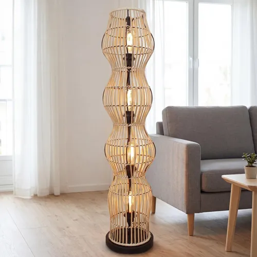Skandinavische Stehlampe 111 cm aus Bambus und Aluminium, 4-flammig E27 - Elegante Stehlampe aus Aluminium und Bambus in Schwarz und Natur. Ideal als Ambientebeleuchtung und Leselicht. Mit praktischem Fußschalter und freier Leuchtmittelwahl für individuelle Lichtakzente.