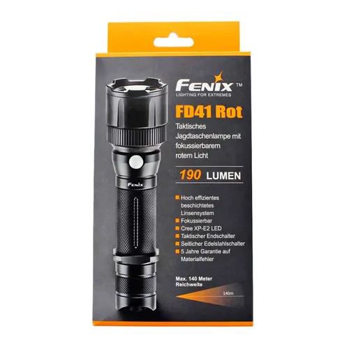 FENIX FD41 Rot fokussierbare LED Taschenlampe 190 Lumen - Taschenlampen mit regulierbarem Spot- und Flutlicht, ideal für die Jagd, ausgestattet mit Modusschalter am Kopf und gehärteter Frontscheibe für optimale Haltbarkeit.