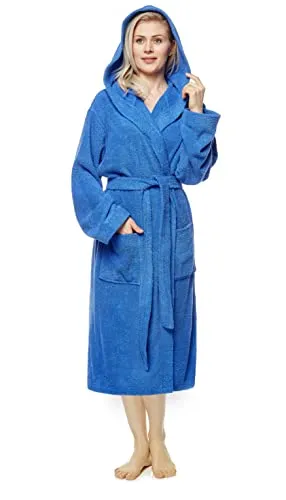 Arus Damenbademantel mit Kapuze, wadenlang, Baumwolle, XL-XXL, Royalblau