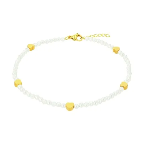 Amor Fußkette Edelstahl Damen Sommerschmuck, mit Glasperle, 23+2 cm, Weiß, Herz, Kommt in Schmuck Geschenk Box, 2040013