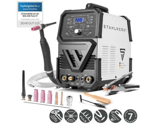 STAHLWERK Schweißgerät AC/DC WIG 200 Puls Pro – 200A mit IGBT-Technologie - Schweißgeräte für Aluminium & Dünnblech, ausgestattet mit Pulsfunktion für optimales Schweißen und 7 Jahre Herstellergarantie.
