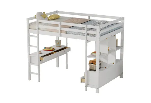 SOFTWEARY Hochbett (Doppelbett mit Lattenrost, Schreibtisch und Rausfallschutz, 140x200 cm) Jugendbett, Kiefer