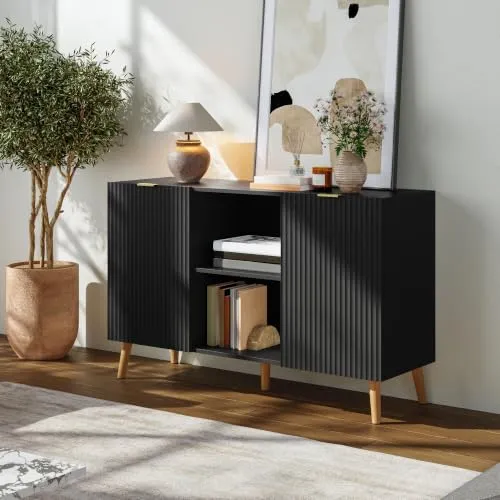 [en.casa] Sideboard Nand mit 2 Türen und 2 offenen Fächern – Modernes Design in Schwarz