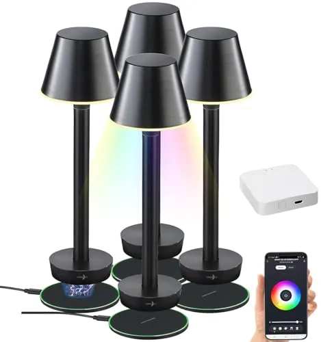 Lunartec Tischlampe akkubetrieben: 4er-Set Smarte Outdoor-Tischlampe mit WLAN-Gateway, RGB-CCT-LEDs, App (Terrassentisch Lampe, dimmbare LED Akku-Tischleuchten, Lampen Garten)