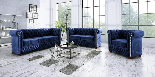 S-Style Chesterfield Leeds Polstergarnitur 3+2+1 - Couchgarnituren aus luxuriösem Samtstoff mit eleganten Metallnieten und Wellenfederung für höchsten Komfort und stilvolles Ambiente.