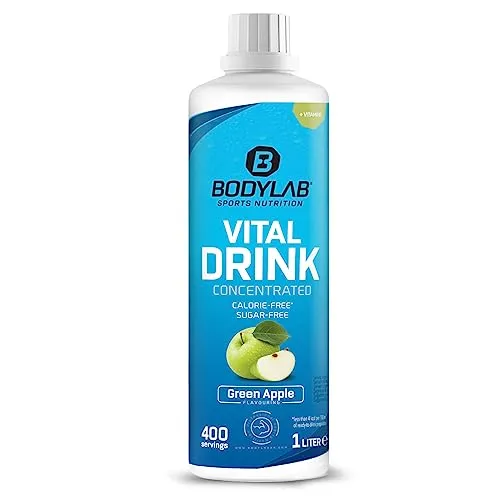 Bodylab24 Vital Drink Concentrated Grüner Apfel 1000ml, Getränkekonzentrat zuckerfrei, Zero Sirup, mit Vitaminen und L-Carnitin, Sportgetränk mit wenig Kalorien