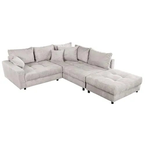 Riess Ambiente Ecksofa Kent 220cm beige Cord inkl. Hocker