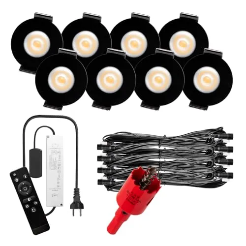 S-Polytec PREMIUM Mini LED- Einbauspots Warmweiß 3.000K, DIMMBAR, IP65, FUNK 3W Einbaustrahler Terrassenüberdachung, Bad, Sauna mit Fernbedienung (SCHWARZ, 8x LED-SET (Warmweiß))
