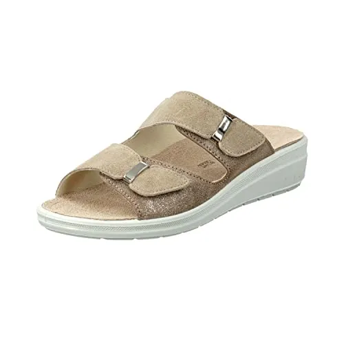 Rohde Damen Pantoletten Sandalen Rivella Pantolette Lederkombination Gemütlich Puschen Uni Klettverschluss Keilsohle beige