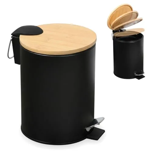 LS-LebenStil Tretmülleimer Papierkorb 3L Schwarz Matt Rund mit Softclose Holz Deckel Treteimer Fußpedal Mülleimer Kosmetikeimer Bad Badezimmer Küche Badmülleimer Abfalleimer