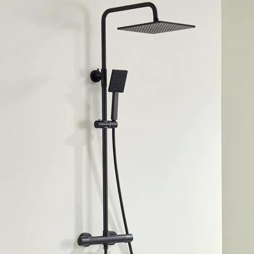 Auralum Duschsystem mit Verbrühschutz-Thermostat Armatur, Duscharmatur Komplettset Schwarz, 25x25cm Regendusche Duschkopf, Edelstahl Duschstange und Schlauch, Thermostat Duscharmatur Duschgarnitur