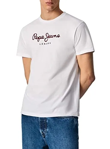 Pepe Jeans Herren Eggo N T-Shirt, Weiß, L - Stylisches kurzärmliges T-Shirt aus Baumwolle mit Rundhalsausschnitt und großem Logoprint auf der Brust – perfekt für lässige Outfits.