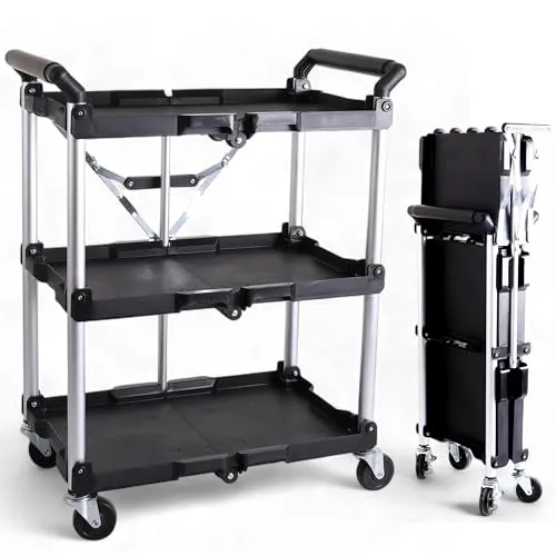 Pallit Serve Servierwagen mit Rollen, 75 kg Tragkraft - Plattformwagen mit klappbarem Design und 3 Ebenen, ideal für Küche, Büro oder Werkstatt. Tragkraft von 75 kg und ergonomische Griffe für einfachen Transport und Handhabung.